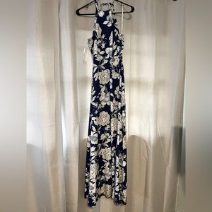 Lulus floor length blue floral halter dress
